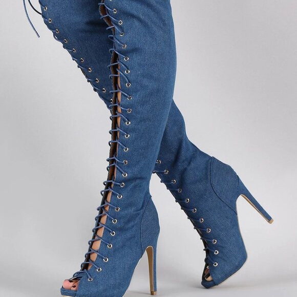Denim Corset Lace Up Peep Toe Stiletto Over-The-Knee Boots - Picture 1 of 6